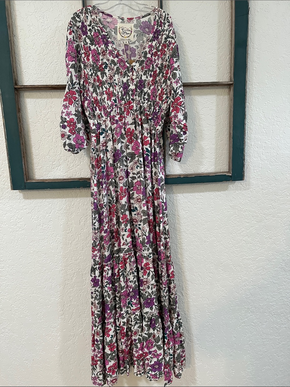 Sunday Mi Amor Smocked Floral Maxi Dress in White/ Pink/Purple Blooms Sz M NWT